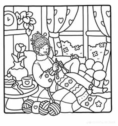 a coloring page with an image of a woman sitting in front of a table full of food