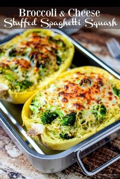 broccoli and cheese stuffed spaghetti squash in a baking pan with a fork on the side