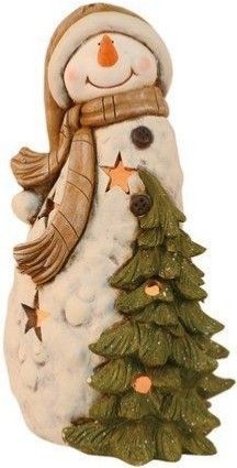 a snowman is holding a christmas tree