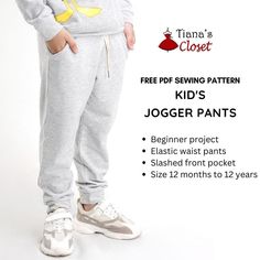 a young child wearing pajamas and shoes with the text, free sewing pattern kid's jogger pants beginner project elastic waist pants