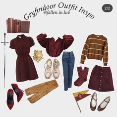 an assortment of clothing and accessories displayed in front of a sign that says gryffindor outfit inspo