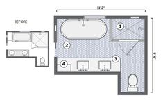 the floor plan for a bathroom with two sinks, toilet and bathtub in it