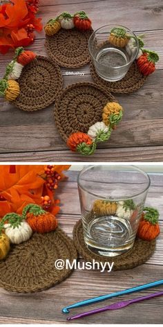 crocheted coasters with pumpkins and leaves on them are shown in three different ways