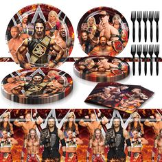 wwe wrestling party supplies including plates, forks and utensils with pictures of the wrestlers