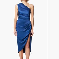 two different dresses, one in blue and the other in black with an asymmetrical neckline