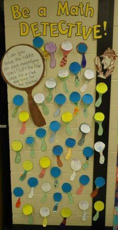 a bulletin board with different types of objects on it and the words be a math detective