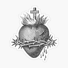 a heart with barbed wire and a cross sticker on it's side, in black and white