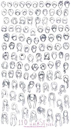 the various hairs and head shapes for anime character heads, drawn in pencil on paper