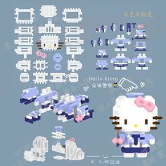 an image of hello kitty pixel art on a blue background with white and pink accents