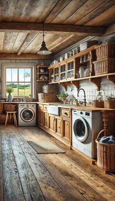 a rustic kitchen with wood floors and walls