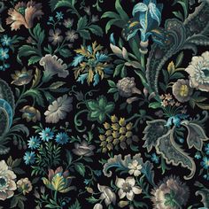 an ornate wallpaper with many different flowers and leaves on black background, all in various colors