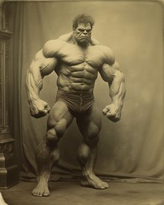 an old photo of a man posing for the camera with his huge muscles and bulging face