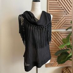 Nwt Zara Black Scarf Fringe Tassle Top Western Style Size Xs Pit To Pit: 18” No Stretch Shoulder To Hem Length 25.5” Black Summer Tops With Tassels, Black Tassel Tops For Summer, Black Tops With Tassels For Night Out, Casual Black Tassel Top, Bohemian Fringe Top For Night Out, Black Bohemian Tops With Fringe, Bohemian Black Tops With Fringe, Black Fringe Top For Night Out, Black Fringe Tops For Summer