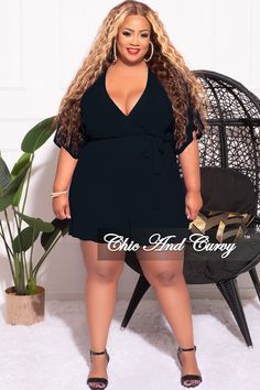 Final Sale Plus Size Faux Wrap Romper with Tie in Black – Chic And Curvy Chic And Curvy, Leather Jumpsuit, Positive Body Image, Wrap Romper, Body Image, All Fashion, Plus Size Fashion, Peplum Dress, Final Sale