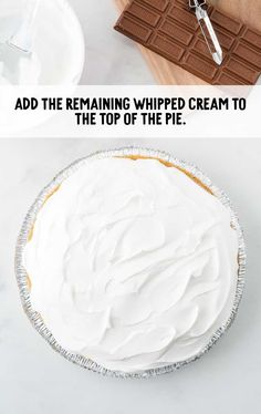 a cake with white frosting on top and chocolate in the middle, next to an image of a whipped cream pie