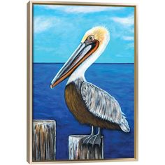 a painting of a pelican sitting on top of a wooden post in the ocean