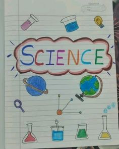 a notebook with the word science written on it, surrounded by doodles and flasks