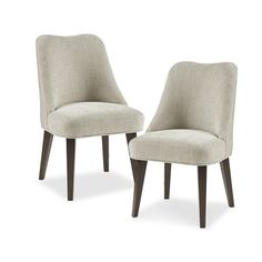 pair of upholstered chairs with dark wood legs in beige fabric, front and back view