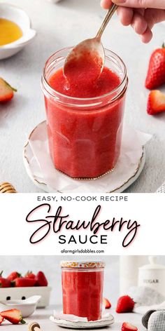 strawberry sauce in a glass jar with a spoon