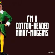 a man dressed in an elf costume standing with his hands on his hips and the words i'm a cotton - headed ninny - mugins