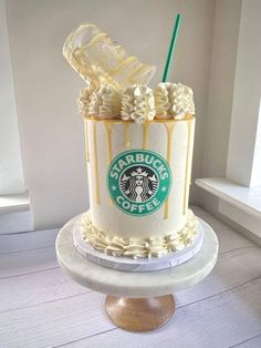 there is a cake that has starbucks coffee on it