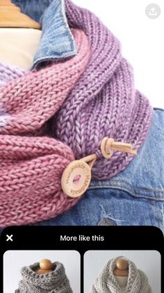 the scarf is knitted in two different colors and has wooden buttons on it,