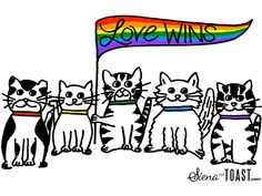 a group of cats standing in front of a rainbow flag with the words love wins