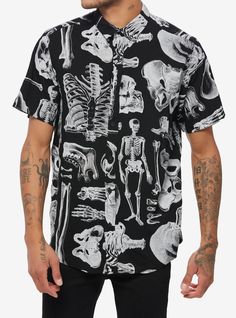 Skeleton Anatomy Allover Print Woven Button-Up | Hot Topic Cool Button Up Shirts, Skeleton Parts, Patterned Button Up Shirts, Skeleton Anatomy, Cool Buttons, Aesthetic Board, Tall Hoodies, Crazy Outfits, Plus Size Swim