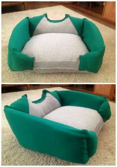 two pictures of the same dog bed, one in grey and green with white pillows