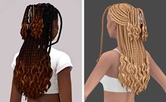 two different views of the same woman's hair, one with long braids