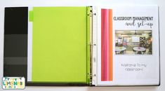 an open classroom management binder on a white table with a black and green cover