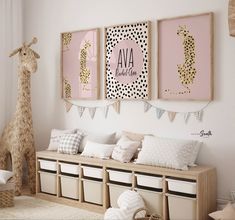 a child's room with giraffes on the wall and toys in baskets