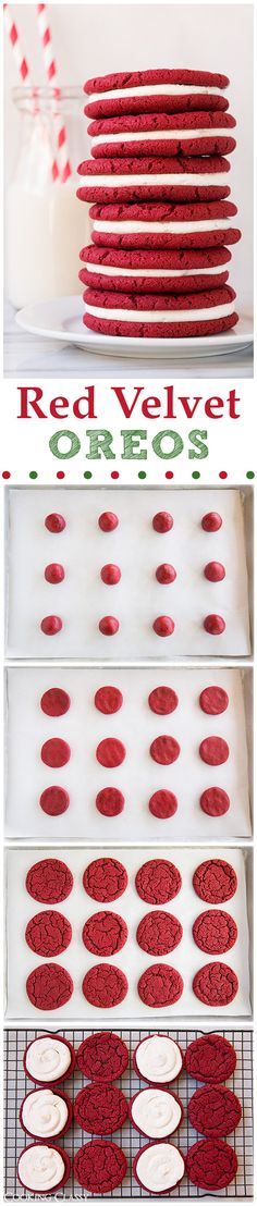 red velvet cookies are stacked on top of each other and ready to be baked in the oven