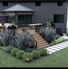 an outdoor deck with stairs and seating area