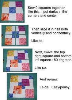 instructions for how to make a quilt with squares on the top and bottom, in different colors