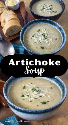 artichoke soup with bread and parmesan cheese in bowls on a wooden table