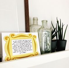 there are bottles and plants on the shelf next to each other, with a poem written in it