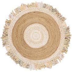 a round rug with fringes on the bottom and one side in beige, white and tan