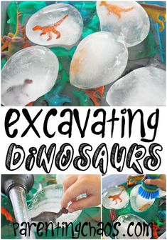 the words excavating dinosaurs are in black and white letters with images of dinosaurs