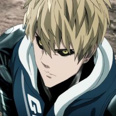 an anime character with blonde hair and black eyes