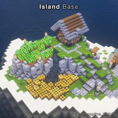 an island base is shown with trees and bushes on it, along with other small buildings