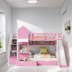 there is a pink bunk bed with stairs to the top and bottom beds on both sides