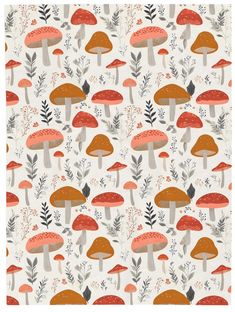 a pattern with mushrooms and leaves on it