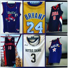 six different basketball jerseys hanging from clothes racks and drying racks, all with name and number on them