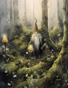 a painting of a gnome in the woods with mushrooms and trees around him, surrounded by moss