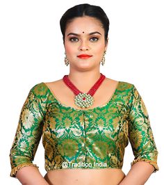 BUY 2 ITEMS AND GET 20% DISCOUNT ON THE ORDER BUY 3 ITEMS AND GET 25% DISCOUNT ON THE ORDER BUY 4 ITEMS AND GET 30% DISCOUNT ON THE ORDER BUY 5 OR MORE ITEMS AND GET 35% DISCOUNT ON THE ORDER Discount is automatically calculated by Etsy at checkout This is Green color Ready to Wear Saree Blouse. Item is made in Banarasi Silk with soft cotton lining Size available from Bust 32 to Bust 50.  This is Front open and Not Padded Blouse The blouse size is based upon bust all round measurement, for examp Green Long Sleeve Banarasi Silk Blouse, Green Banarasi Silk Long Sleeve Blouse, Long Sleeve Banarasi Silk Blouse For Eid, Transitional Gold Blouse With Zari Weaving, Gold Blouse With Zari Weaving For Navratri, Long Sleeve Choli With Zari Weaving For Navratri, Diwali Long Sleeve Blouse With Zari Weaving, Gold Blouse With Zari Weaving For Festivals, Festive Long Sleeve Choli With Zari Weaving