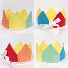 Our retro rainbow colour crown is perfect way to accessorise your party outfit. Rainbow front made from red, orange, yellow, green and blue. Made from our gorgeous quality 100% cotton. This crown is fully reversible, choose from 5 colours for the reverse. Made with white pom pom trim along the bottom edge of the crown. Tied with beautiful ivory satin ribbon. One size fits most from around 1 year to adult. This crown can be worn again and again. This crown is available in other colours too. Please see our other listings for more options. This is not a toy.  Do not leave young children unattended whilst wearing a crown. Playful Multicolor Cotton Hats, Playful Multicolor Carnival Hats, Clown Suit, Crown Party, Rainbow Colour, Rainbow Party, Rainbow Shirt, Retro Rainbow, Pom Pom Trim