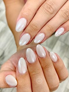 Almond Donut Glaze Nails, Pearl White Shellac Nails, Wedding Nails For Bride Glazed Donut, Short Almond Nails Glazed Donut, Wedding Nails Glazed Donut, Round Glazed Donut Nails, White Doughnut Glaze Nails, Glaze White Nails, White Opal Nails Acrylic