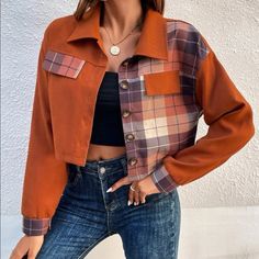 Burnt Orange, Cropped Jacket Fit, Drop Shoulder Jacket, Shoulder Jacket, Orange Jacket, Faux Leather Biker Jacket, Women Jackets, Orange Plaid, Orange Fabric, Black Denim Jacket, Plaid Jacket