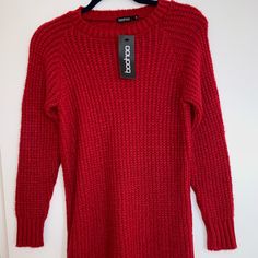 Boohoo Red Sweater Dress Medium New With Tags Never Worn . Casual Red Sweater Dress For Winter, Trendy Red Winter Dress, Casual Red Knee-length Sweater Dress, Red Sweater Dress, Boohoo Dresses, Red Sweater, Dress Medium, Red Sweaters, Sweater Dress